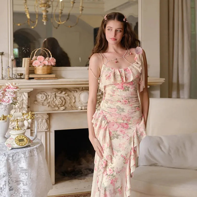 Elara Vintage Floral Ruffle Midi Dress
