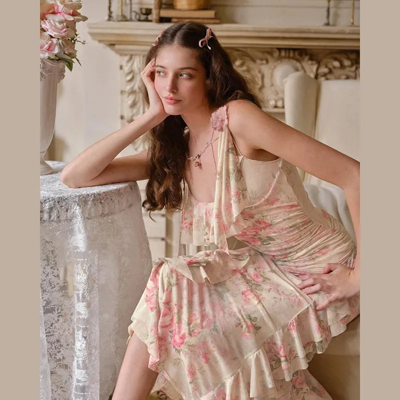 Elara Vintage Floral Ruffle Midi Dress