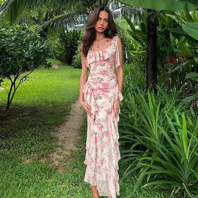 Elara Vintage Floral Ruffle Midi Dress
